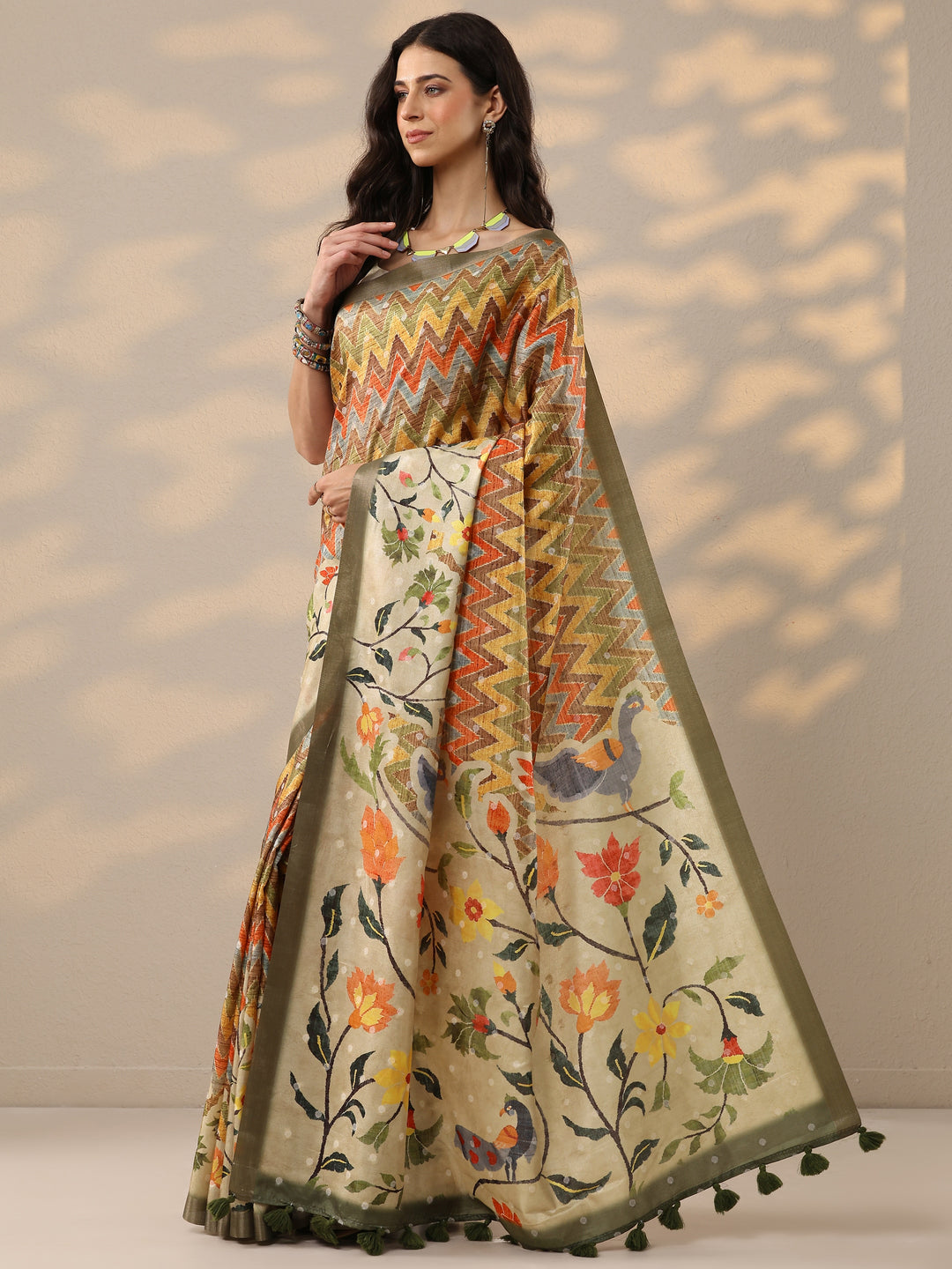  Multi Leheriya Printed Silk Blend Saree With Unstitched Blouse Piece 