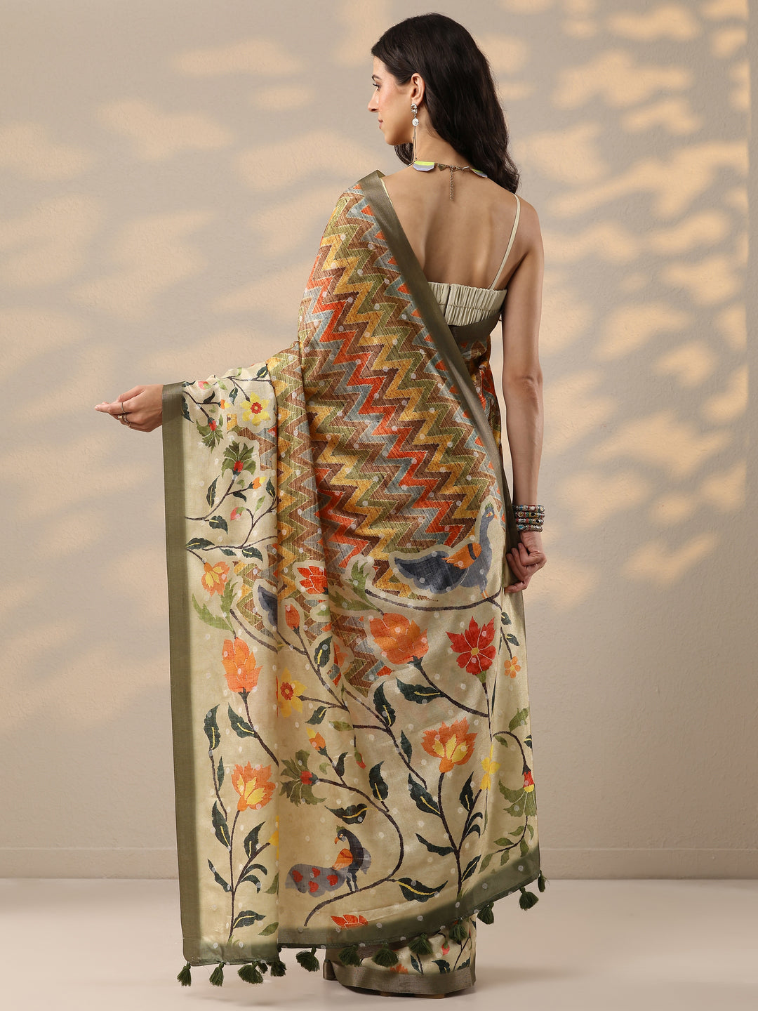  Multi Leheriya Printed Silk Blend Saree With Unstitched Blouse Piece 