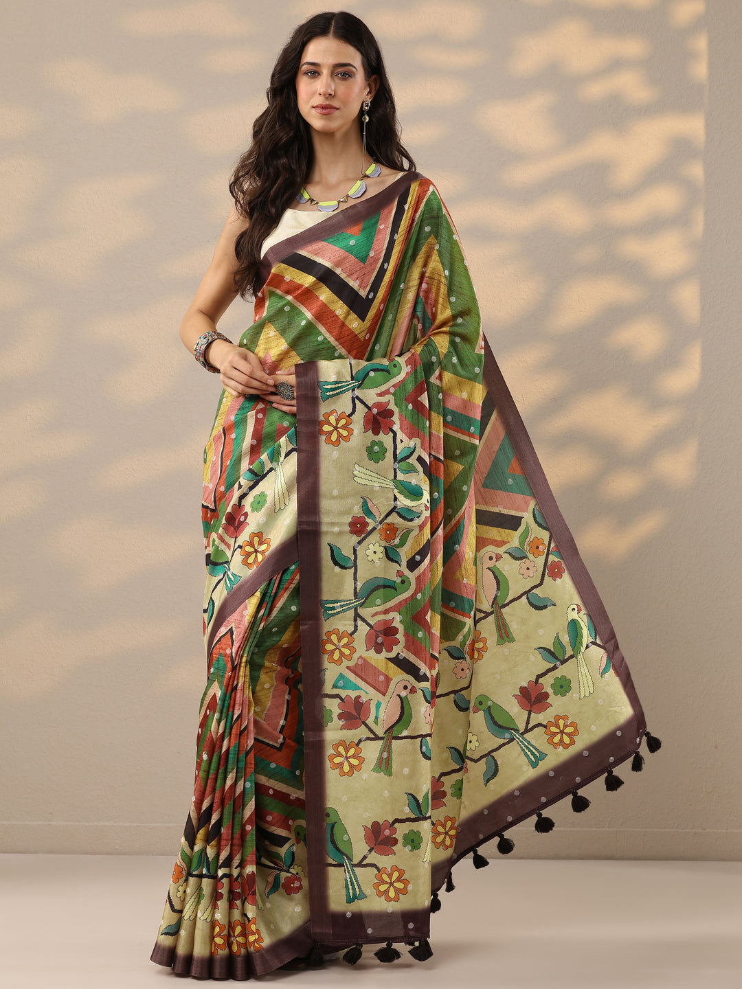  Multi Printed Silk Blend Saree With Unstitched Blouse Piece 