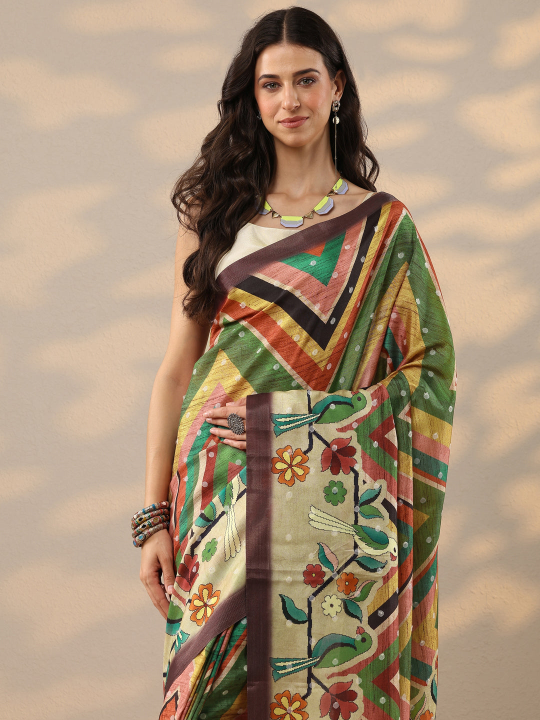  Multi Printed Silk Blend Saree With Unstitched Blouse Piece 