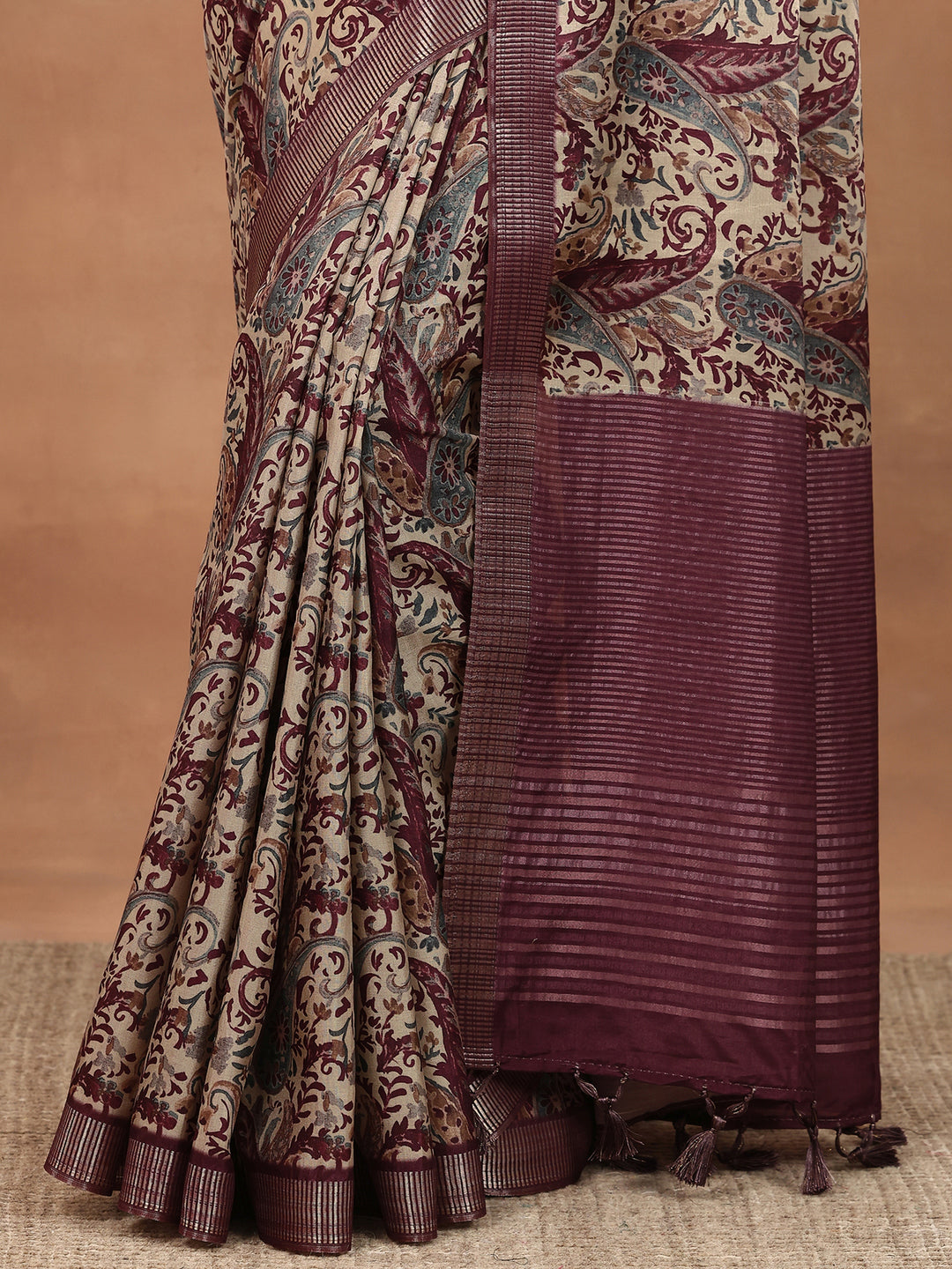  Burgundy Printed Silk Blend Sarees With Unstitched Blouse Piece 