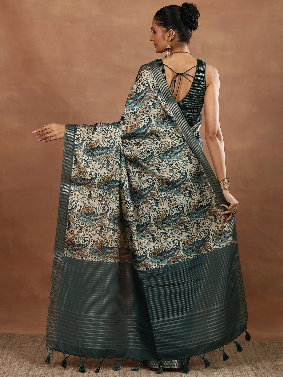  Blue Printed Silk Blend Sarees With Unstitched Blouse Piece 
