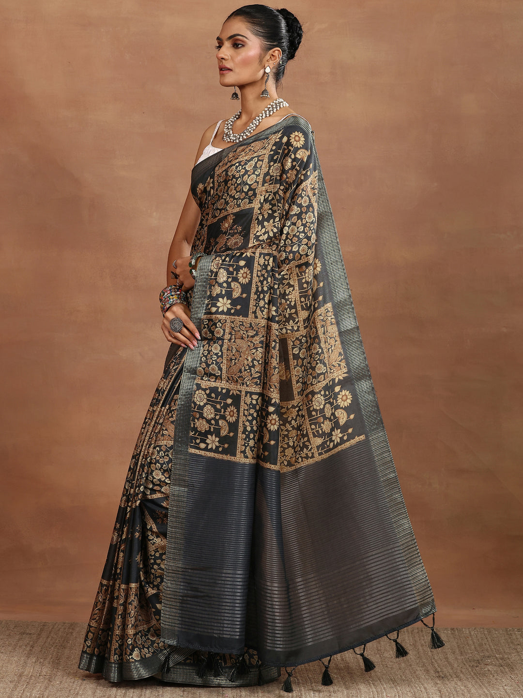  Brown Printed Silk Blend Sarees With Unstitched Blouse Piece 