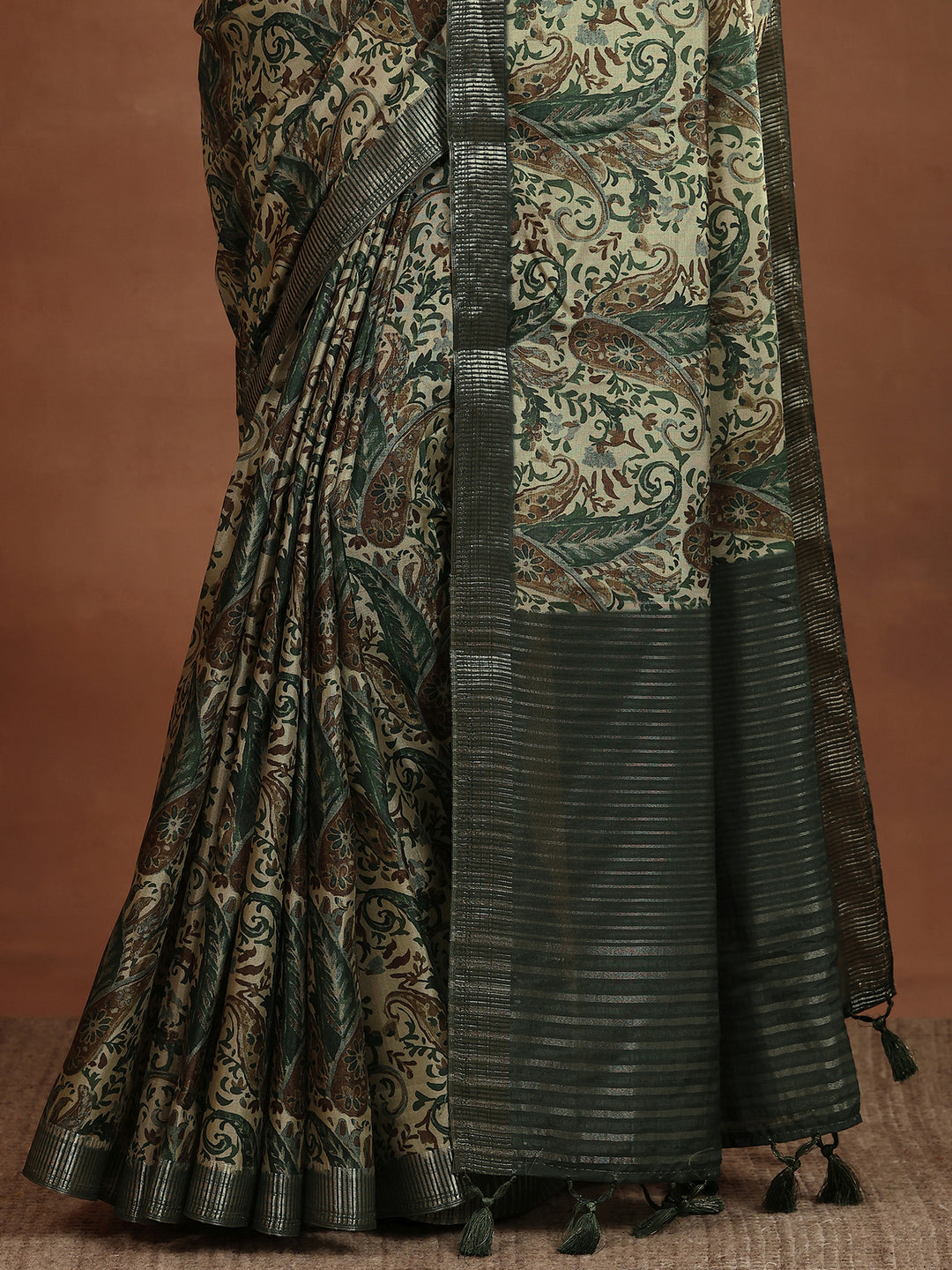  Green Printed Silk Blend Sarees With Unstitched Blouse Piece 