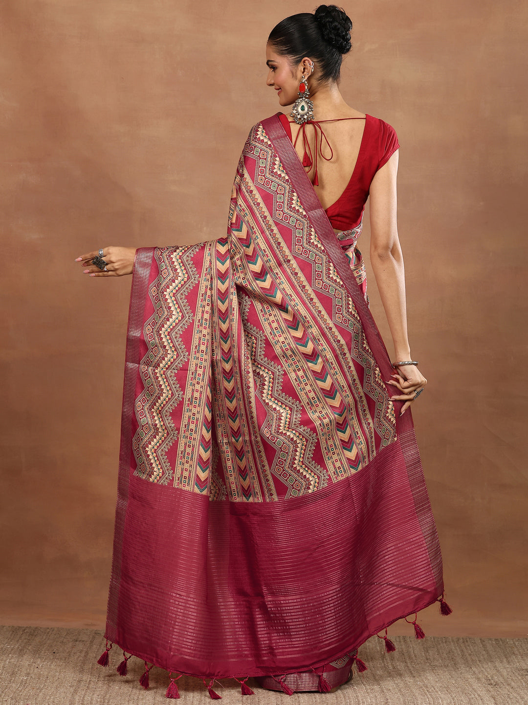  Red Printed Silk Blend Sarees With Unstitched Blouse Piece 