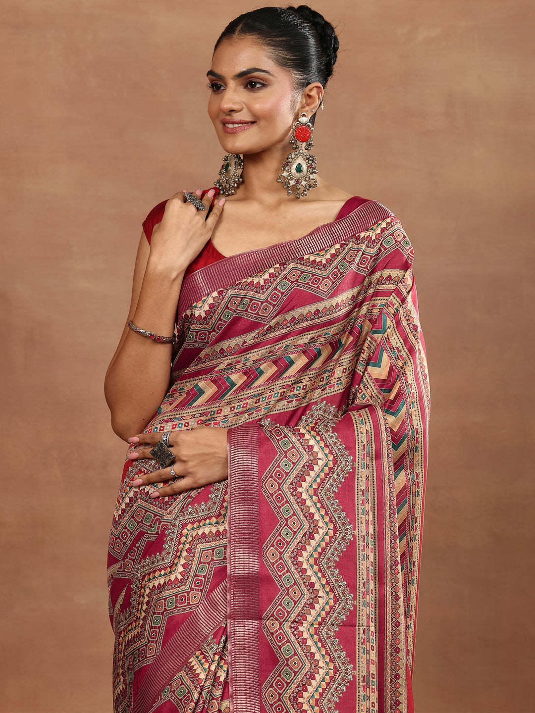  Red Printed Silk Blend Sarees With Unstitched Blouse Piece 