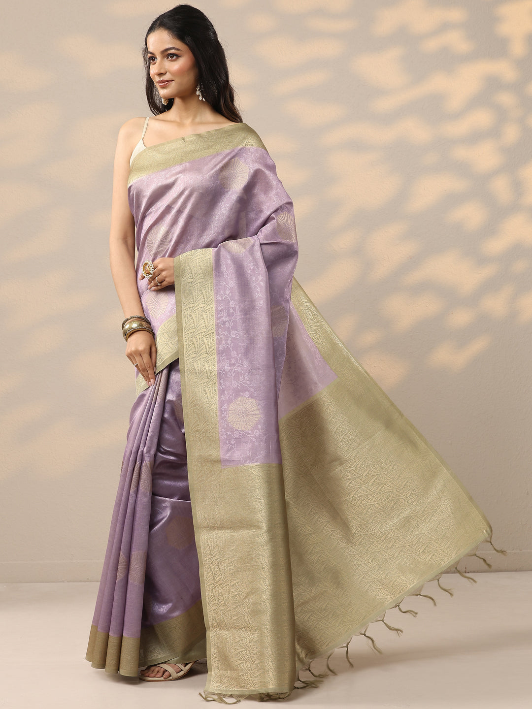  Lavender Woven Design Silk Blend Saree With Unstitched Blouse Piece 
