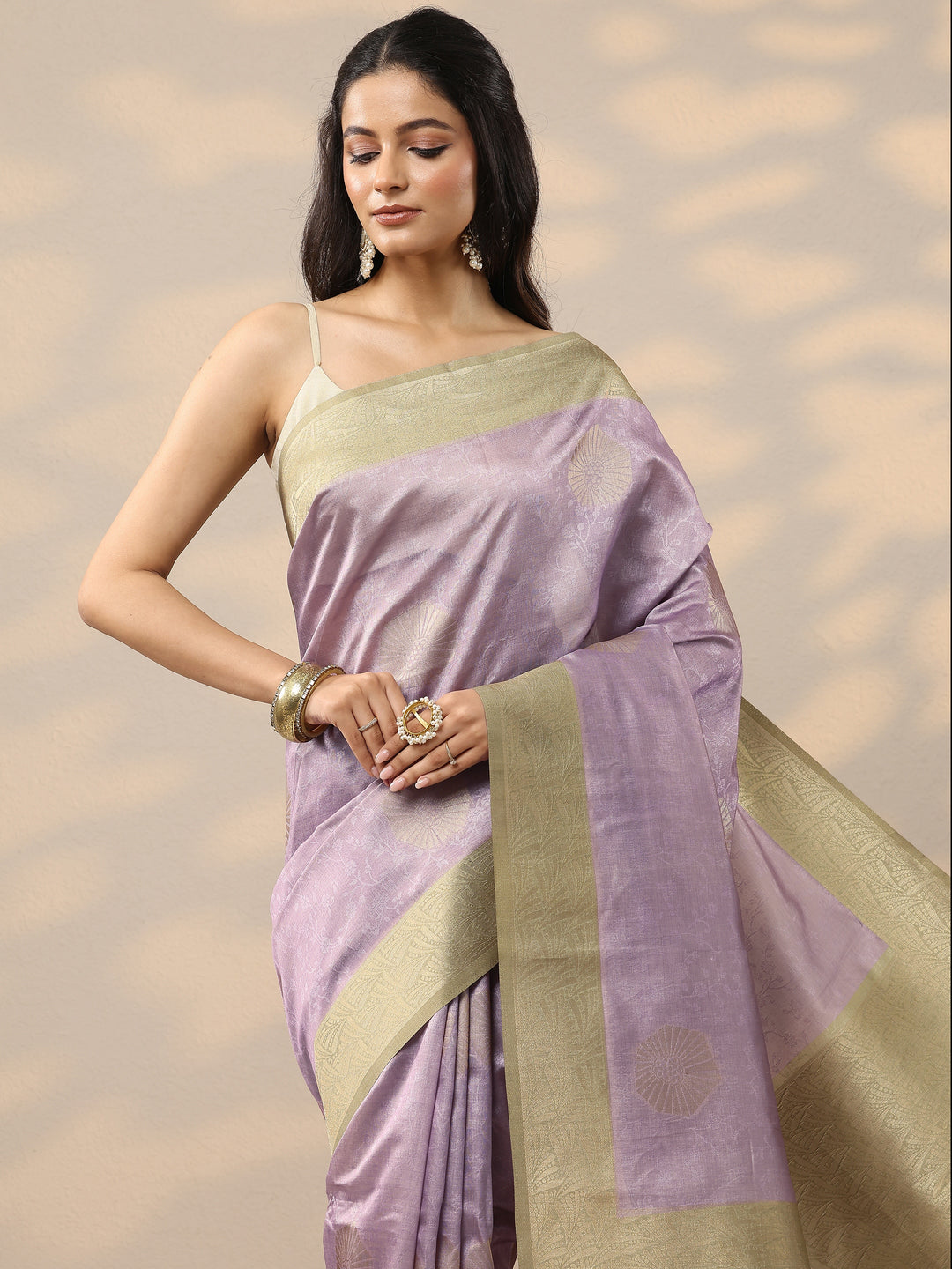  Lavender Woven Design Silk Blend Saree With Unstitched Blouse Piece 