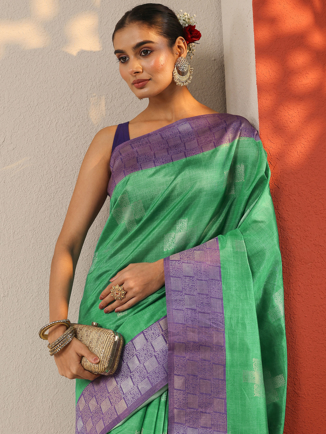  Green Woven Design Silk Blend Saree With Unstitched Blouse Piece 