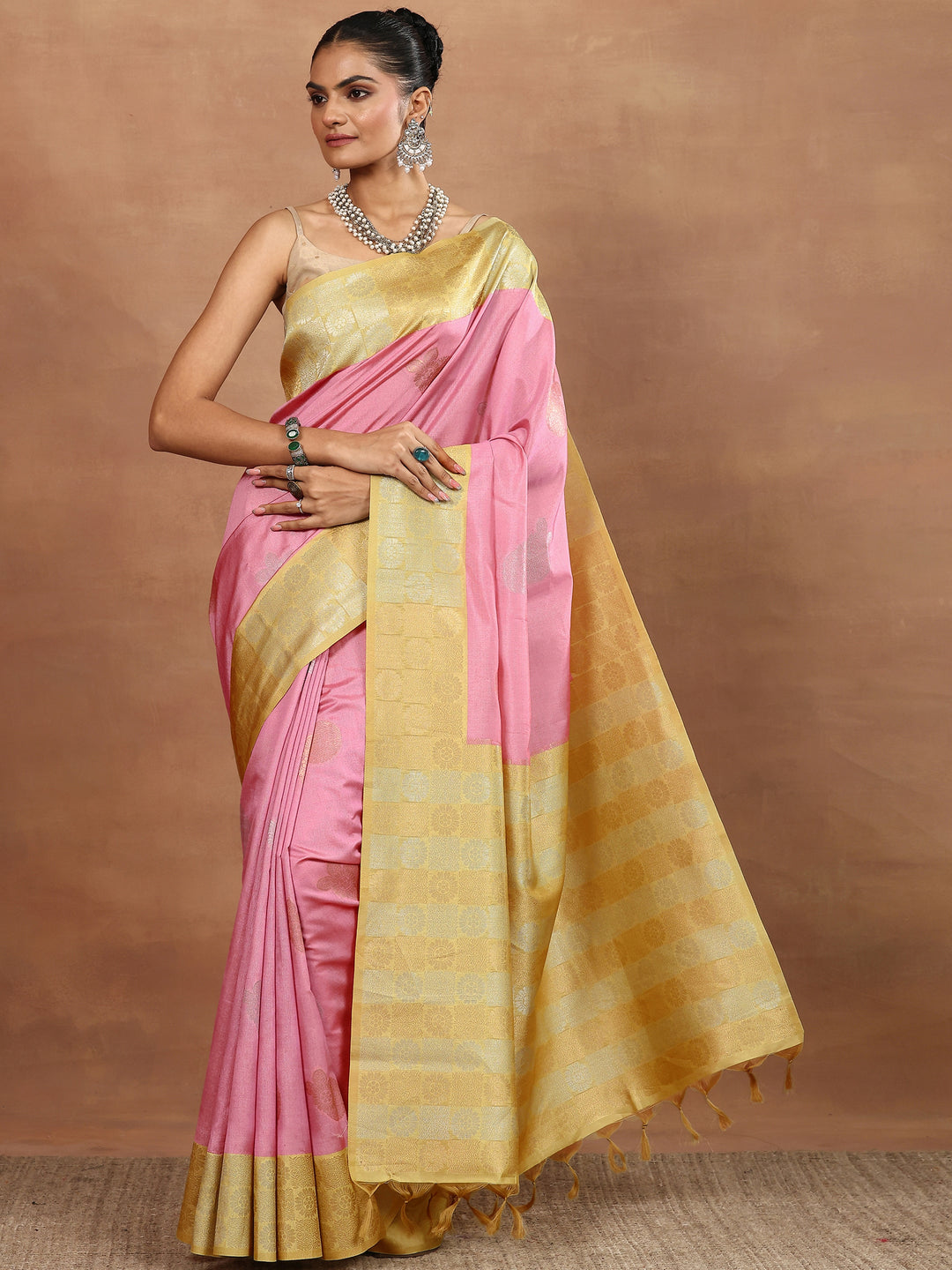 Pink Woven Design Silk Blend Sarees With Unstitched Blouse Piece