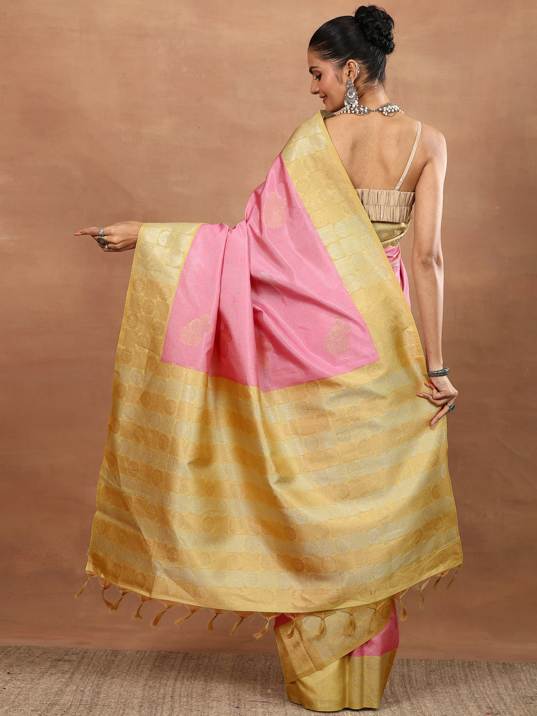  Pink Woven Design Silk Blend Sarees With Unstitched Blouse Piece 