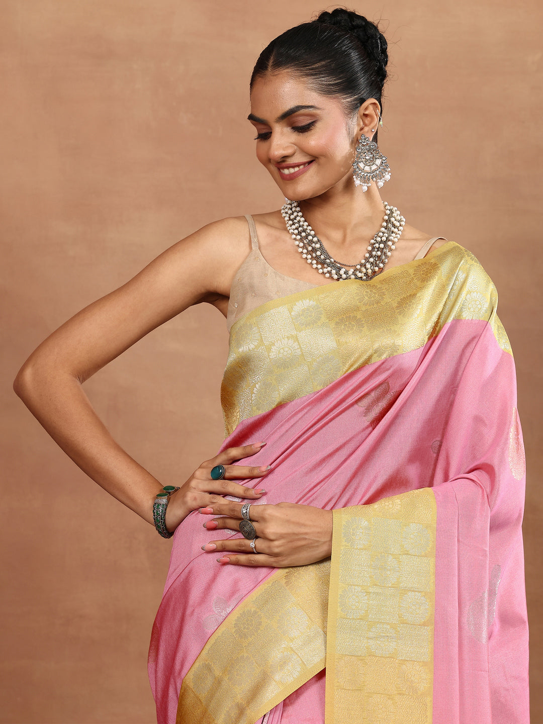  Pink Woven Design Silk Blend Sarees With Unstitched Blouse Piece 