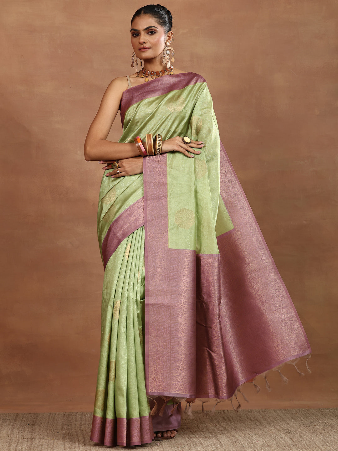Green Woven Design Silk Blend Sarees With Unstitched Blouse Piece