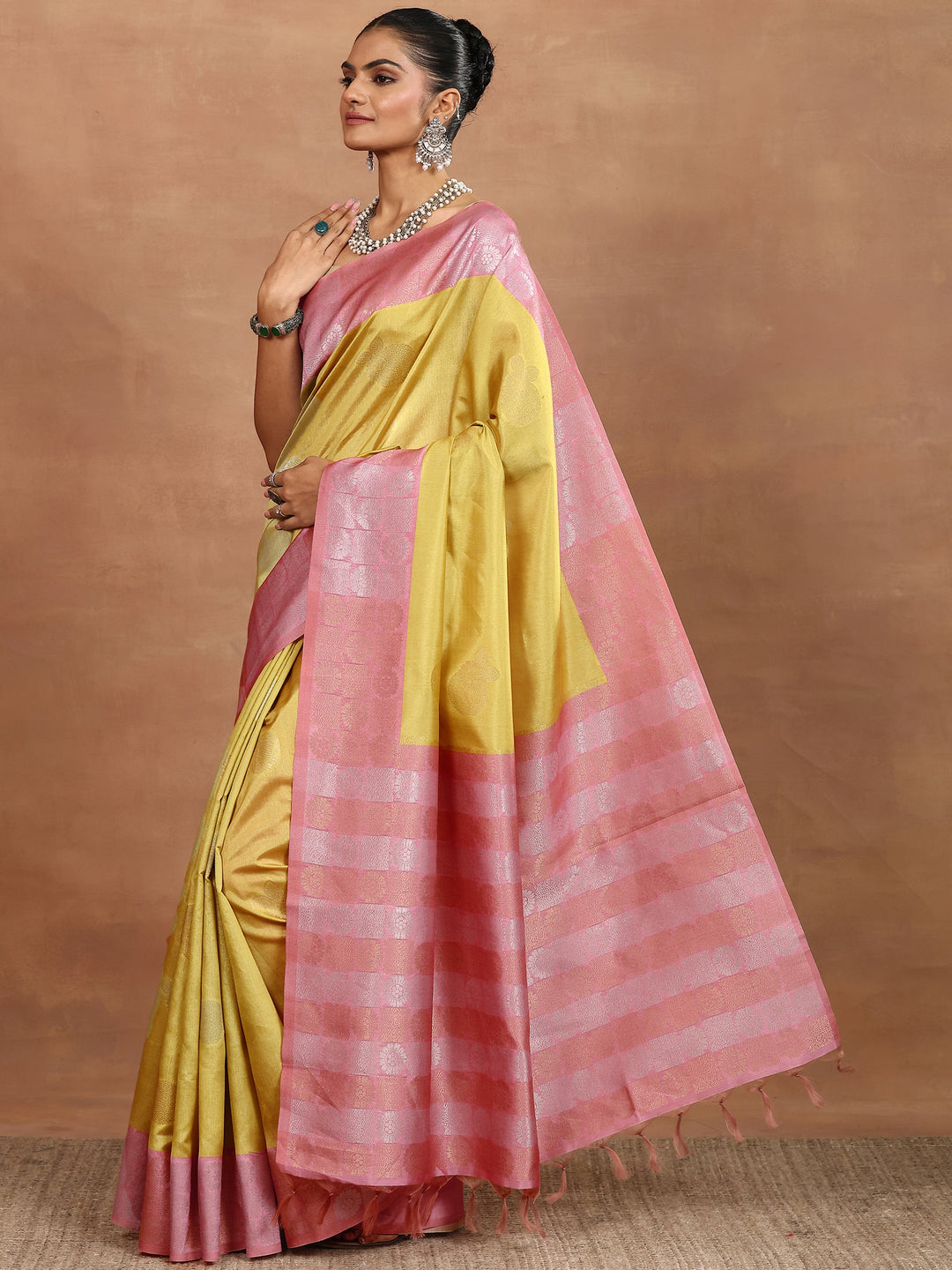  Mustard Woven Design Silk Blend Sarees With Unstitched Blouse Piece 
