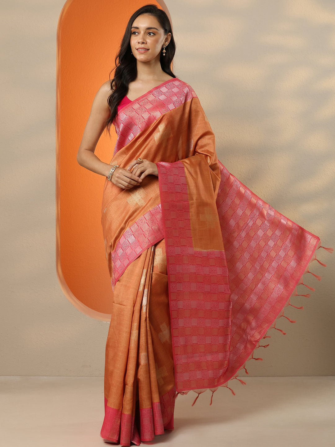  Orange Woven Design Silk Blend Saree With Unstitched Blouse Piece 