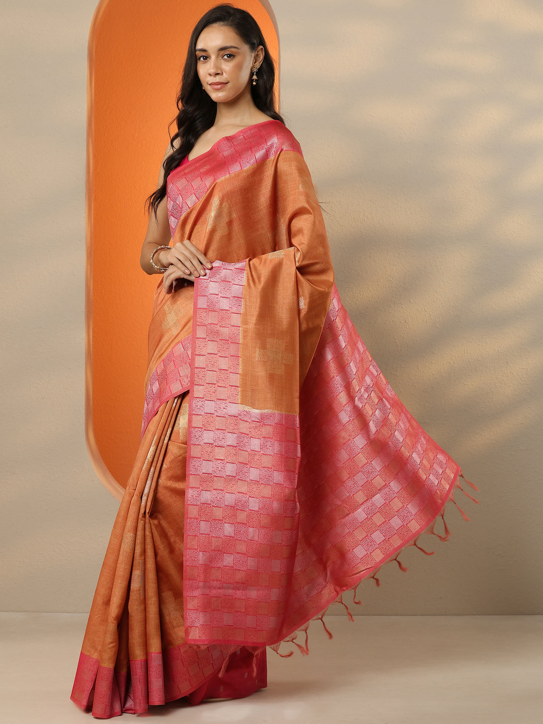  Orange Woven Design Silk Blend Saree With Unstitched Blouse Piece 
