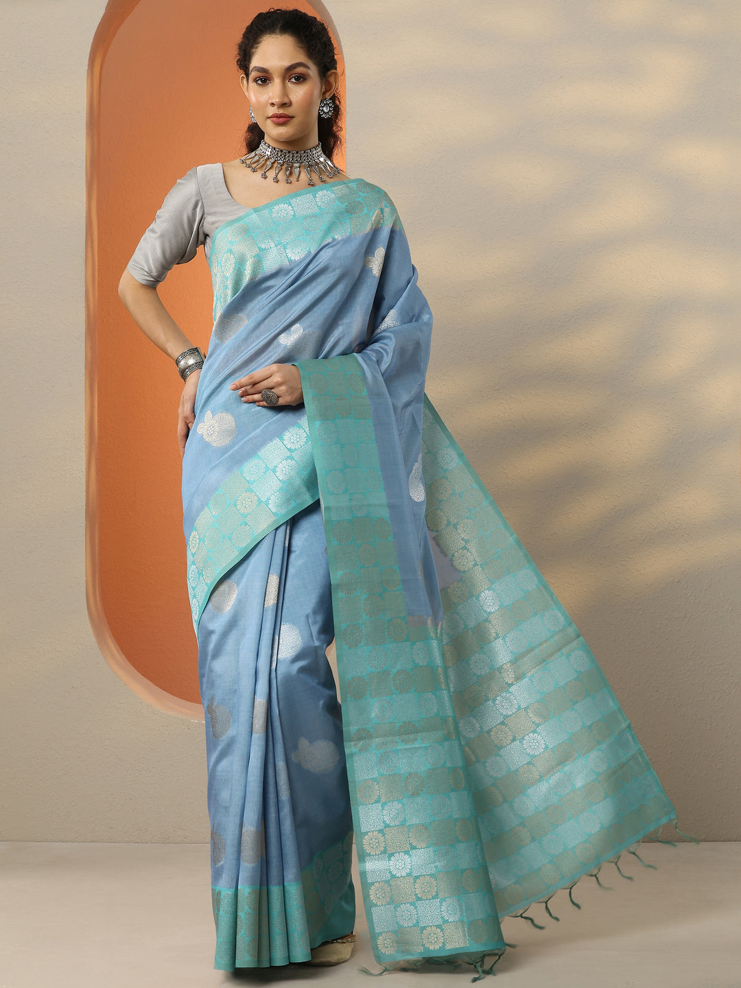  Blue Woven Design Silk Blend Saree With Unstitched Blouse Picece 