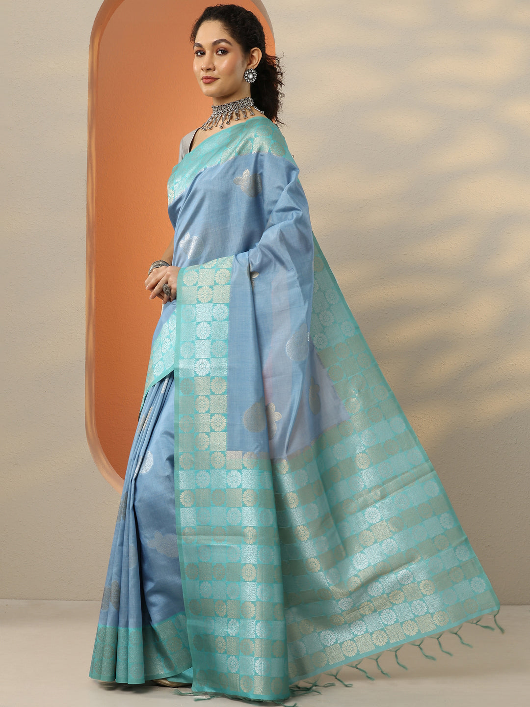  Blue Woven Design Silk Blend Saree With Unstitched Blouse Picece 