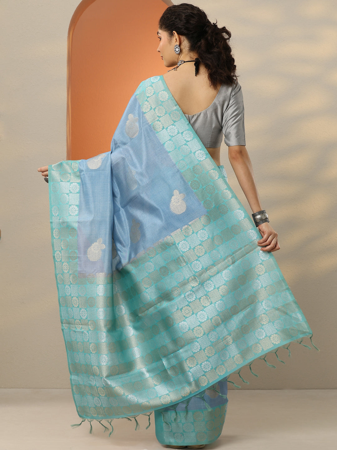  Blue Woven Design Silk Blend Saree With Unstitched Blouse Picece 