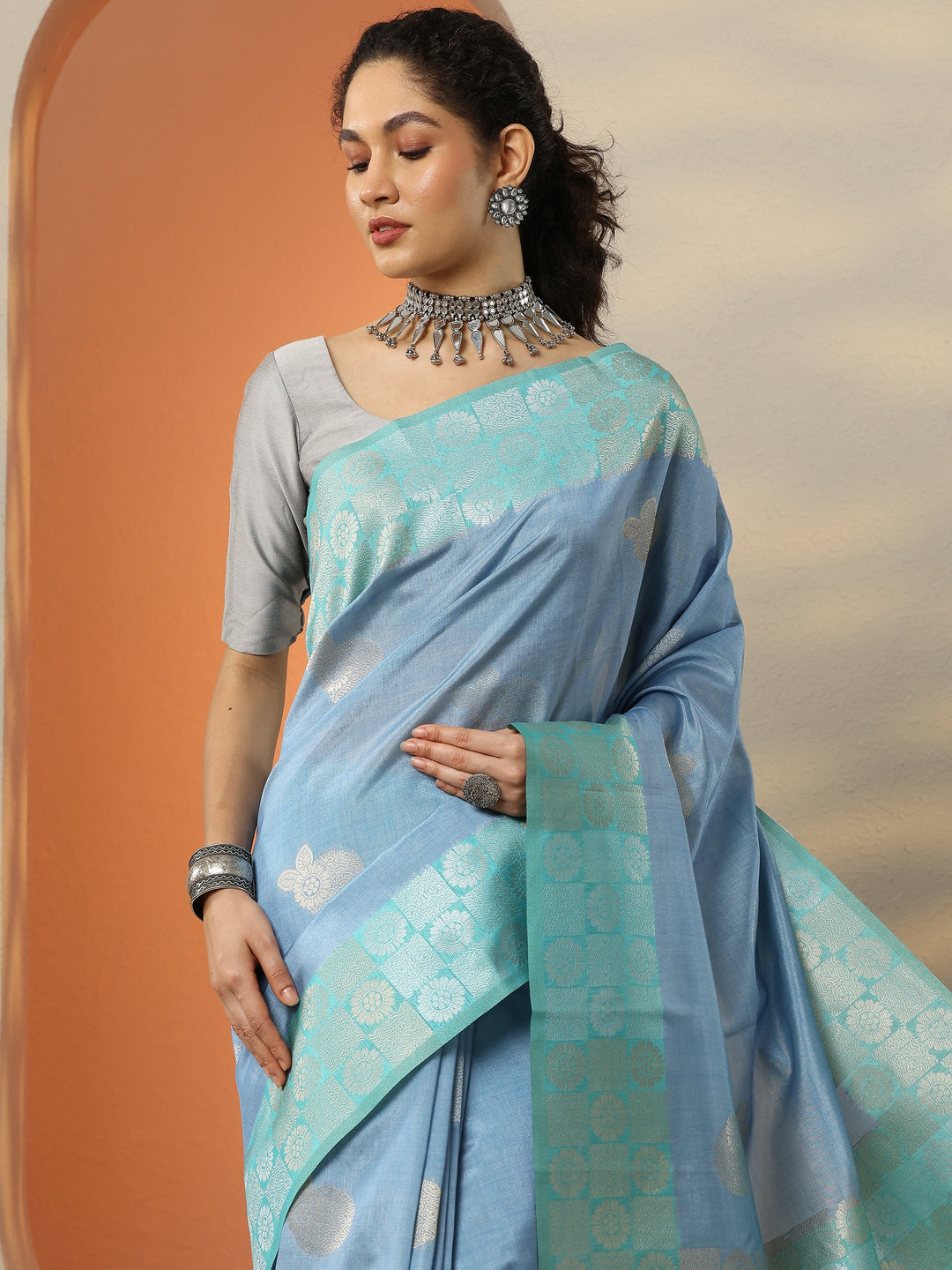  Blue Woven Design Silk Blend Saree With Unstitched Blouse Picece 