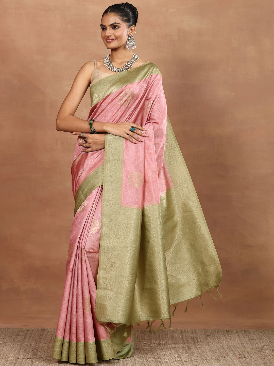 Pink Woven Design Silk Blend Sarees With Unstitched Blouse Piece