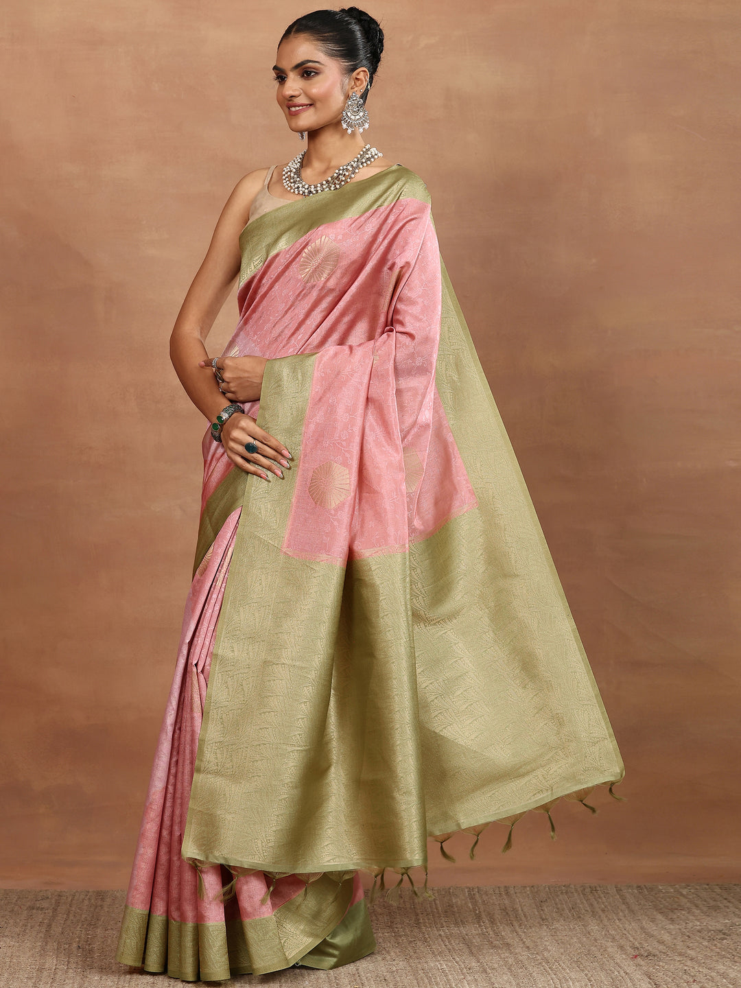  Pink Woven Design Silk Blend Sarees With Unstitched Blouse Piece 