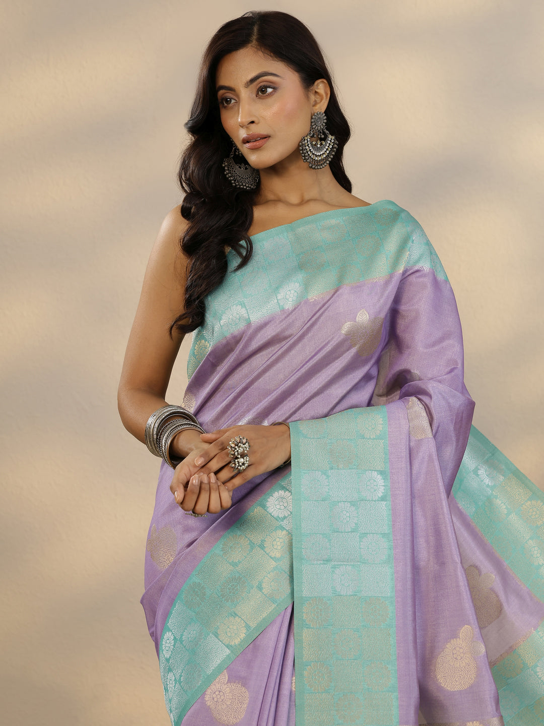  Lavender Woven Design Silk Blend Saree With Unstitched Blouse Piece 