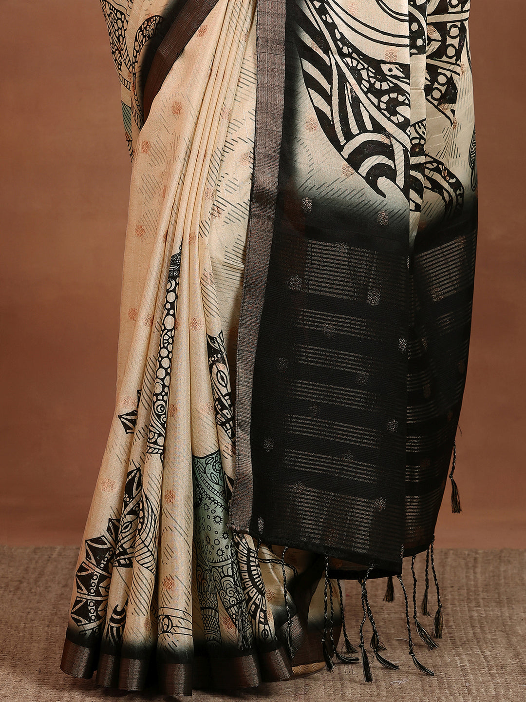  Beige Printed Silk Blend Sarees With Unstitched Blouse Piece 