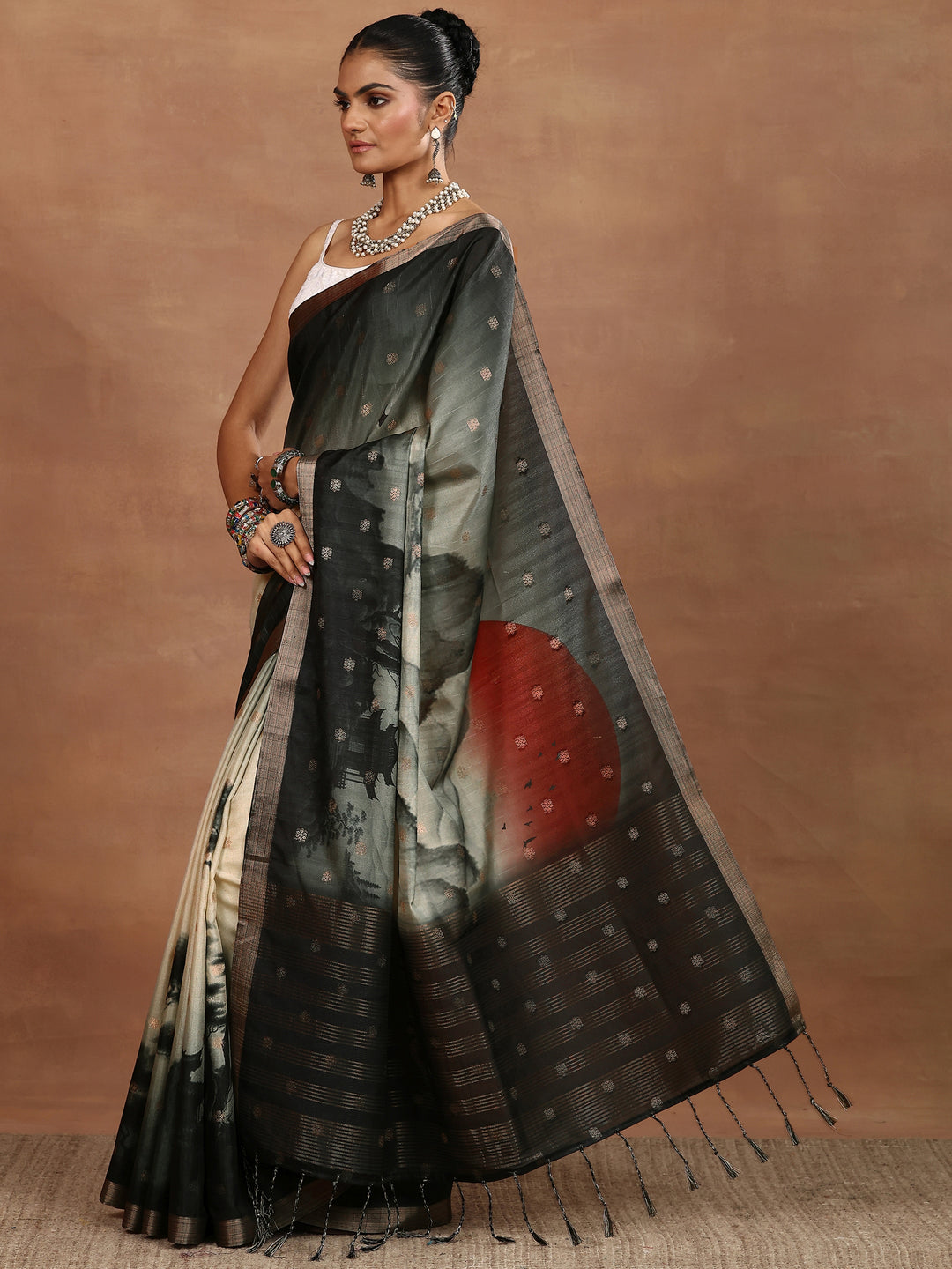  Beige Printed Silk Blend Sarees With Unstitched Blouse Piece 