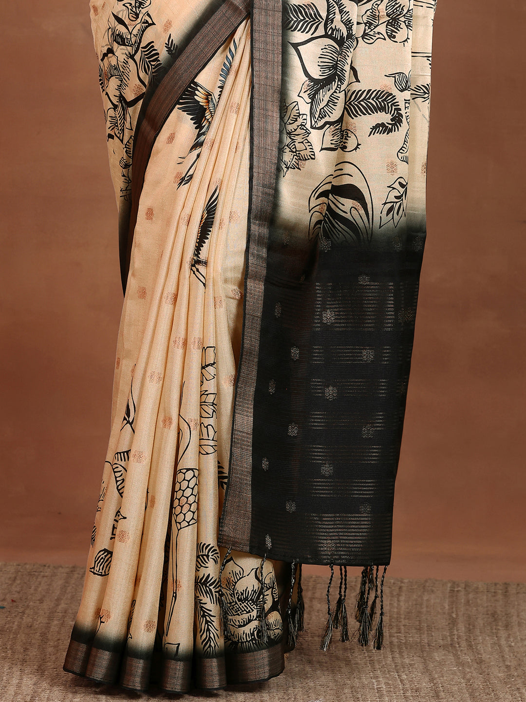  Beige Printed Silk Blend Sarees With Unstitched Blouse Piece 