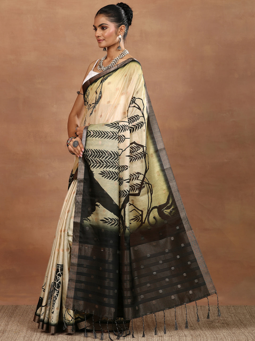  Beige Printed Silk Blend Sarees With Unstitched Blouse Piece 