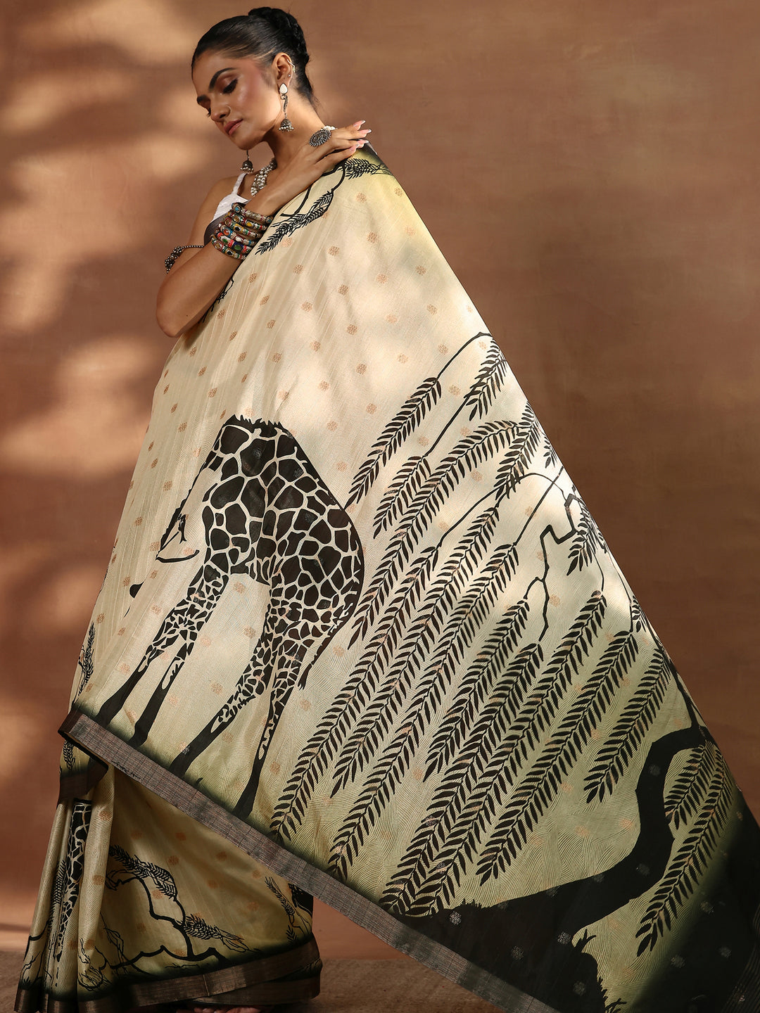  Beige Printed Silk Blend Sarees With Unstitched Blouse Piece 
