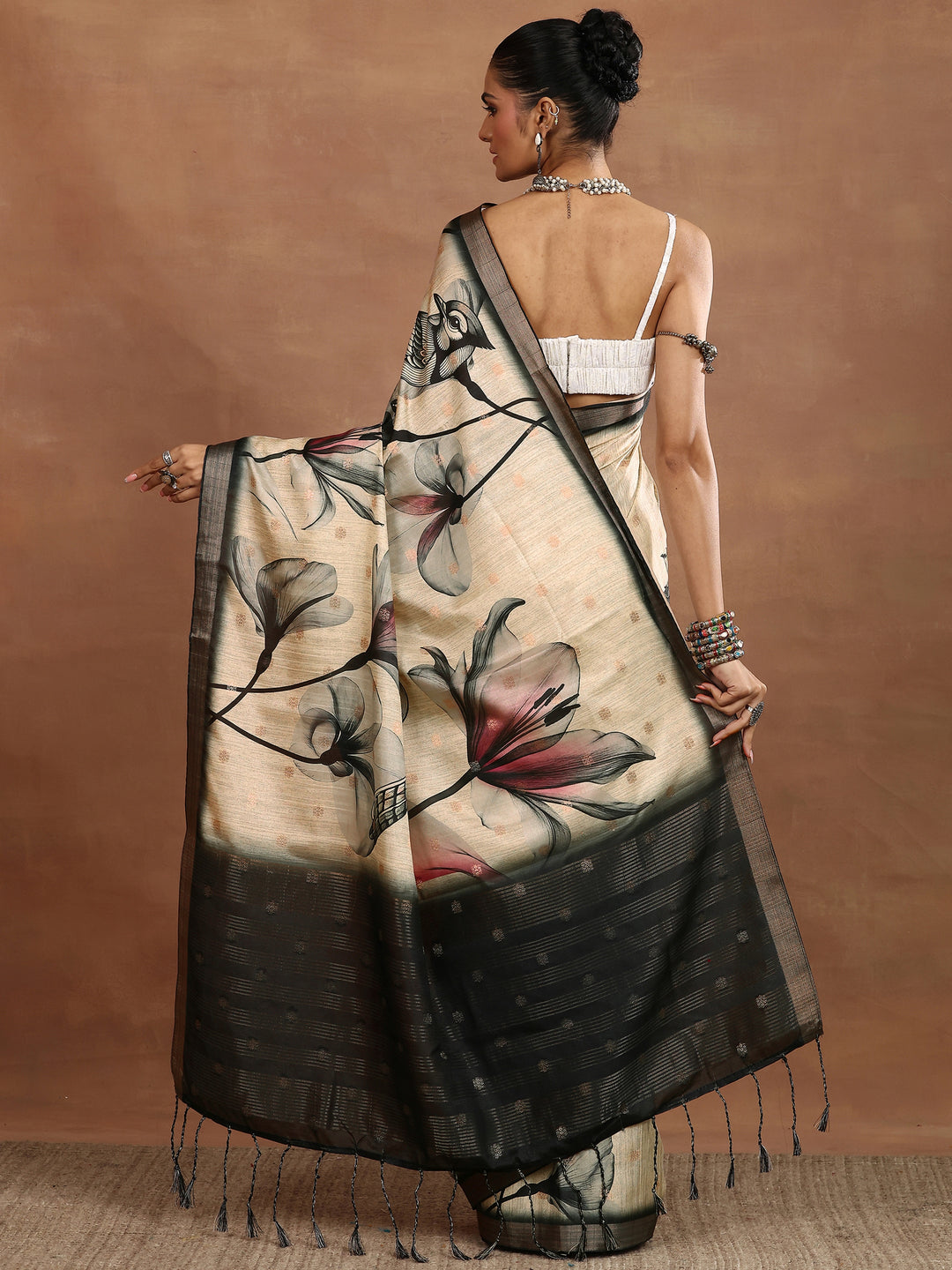  Beige Printed Silk Blend Sarees With Unstitched Blouse Piece 