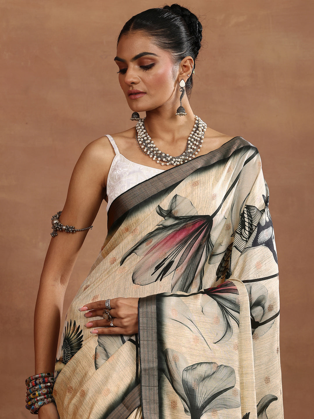  Beige Printed Silk Blend Sarees With Unstitched Blouse Piece 