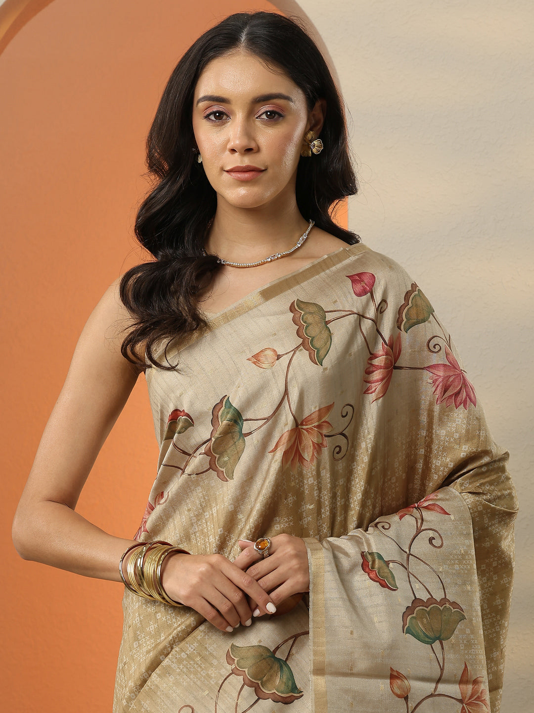  Gold Printed Silk Blend Saree With Unstitched Blouse Piece 