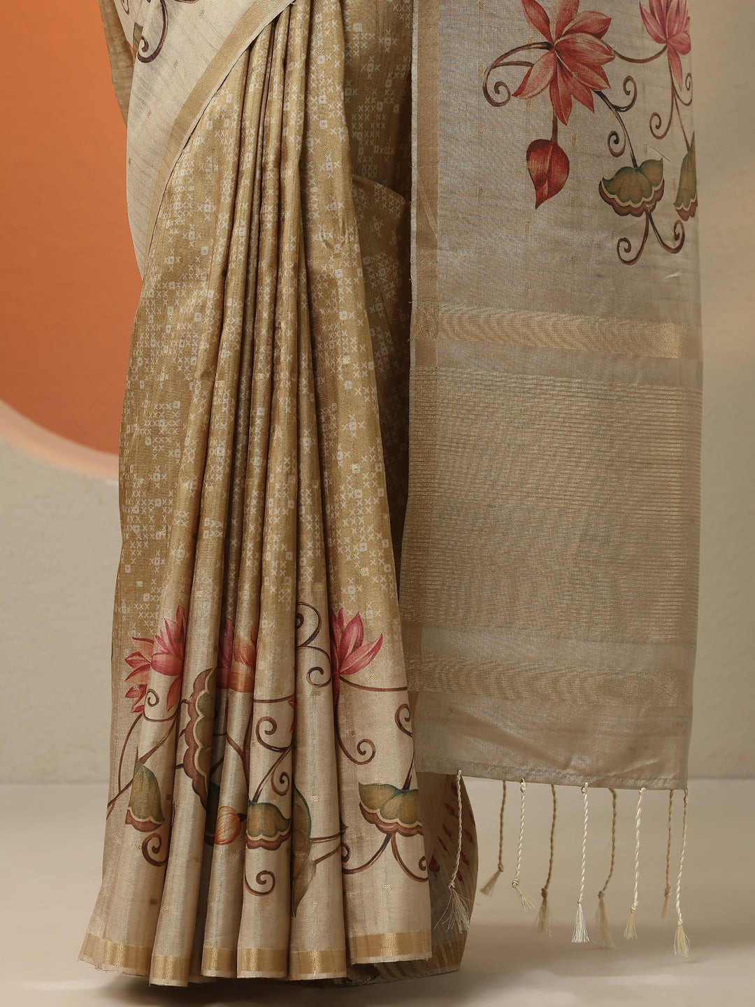  Gold Printed Silk Blend Saree With Unstitched Blouse Piece 