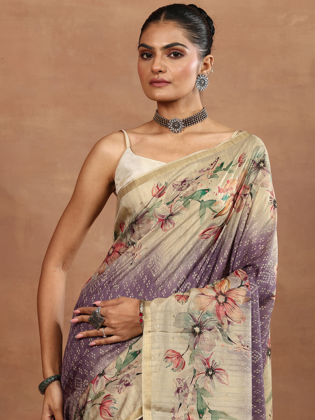 Purple Printed Silk Blend Sarees With Unstitched Blouse Piece