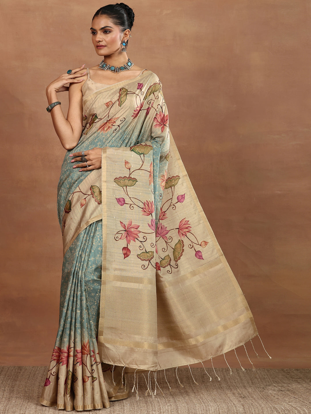 Blue Printed Silk Blend Sarees With Unstitched Blouse Piece