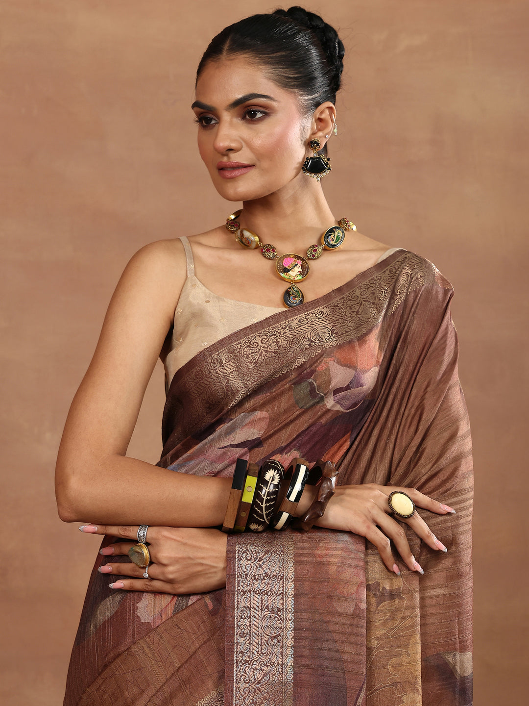  Brown Printed Silk Blend Sarees With Unstitched Blouse Piece 