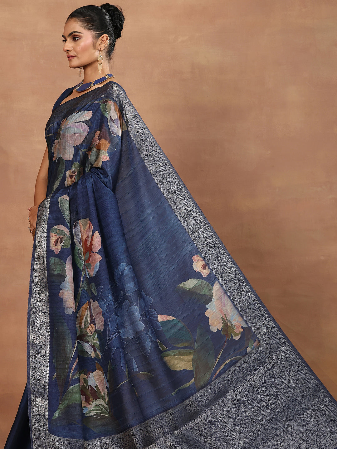  Blue Printed Silk Blend Sarees With Unstitched Blouse Piece 