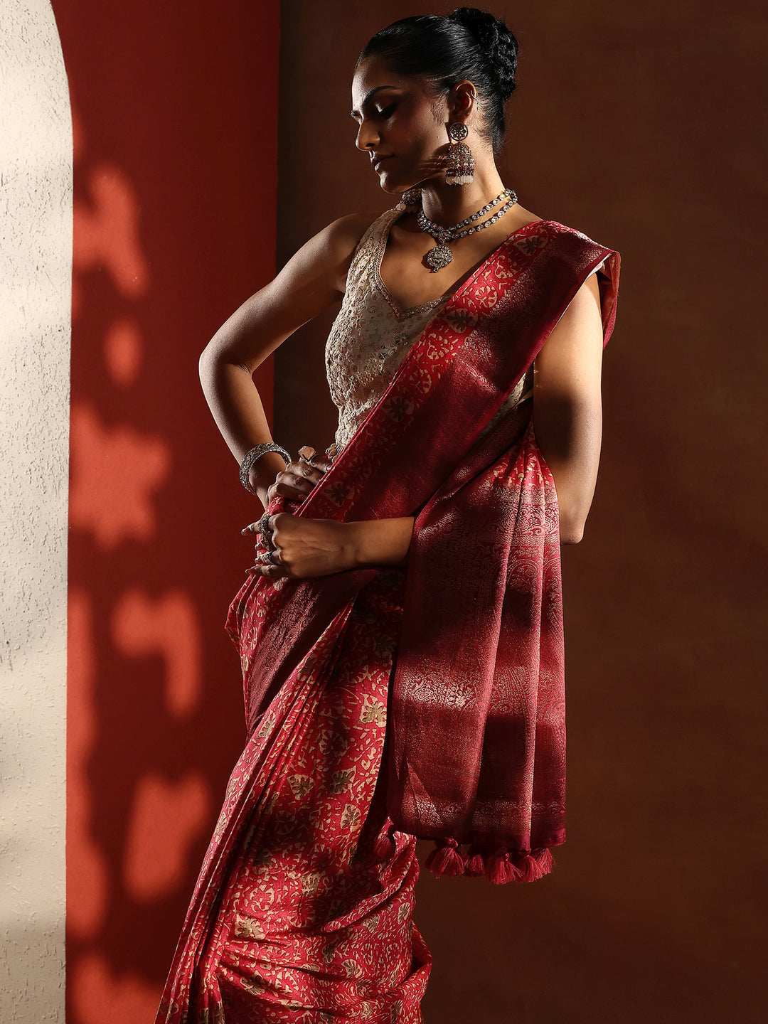  Coral Printed Silk Blend Sarees With Unstitched Blouse Piece 