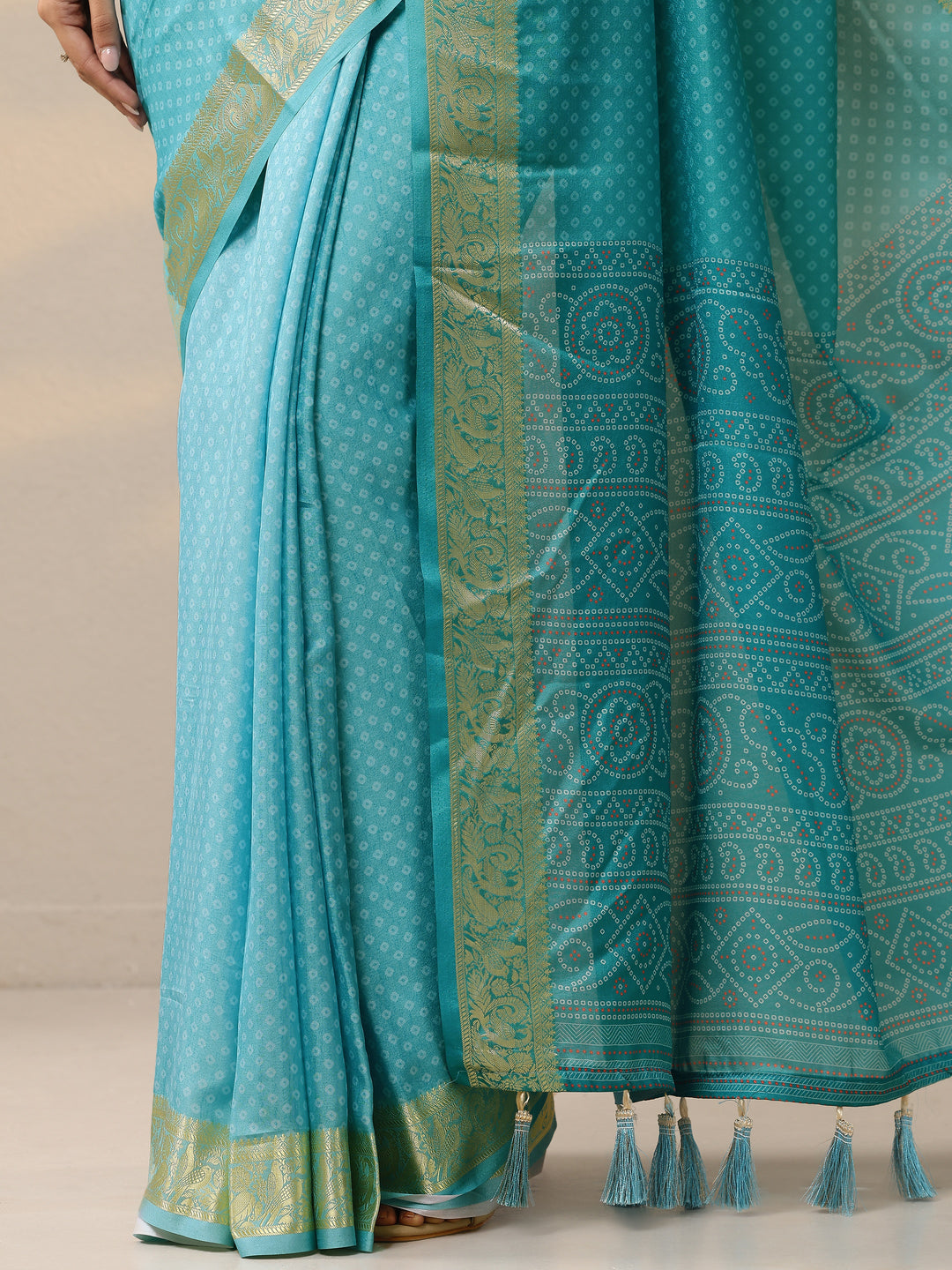  Turquoise Blue Bandhani Printed Silk Blend Saree With Unstitched Blouse Piece 