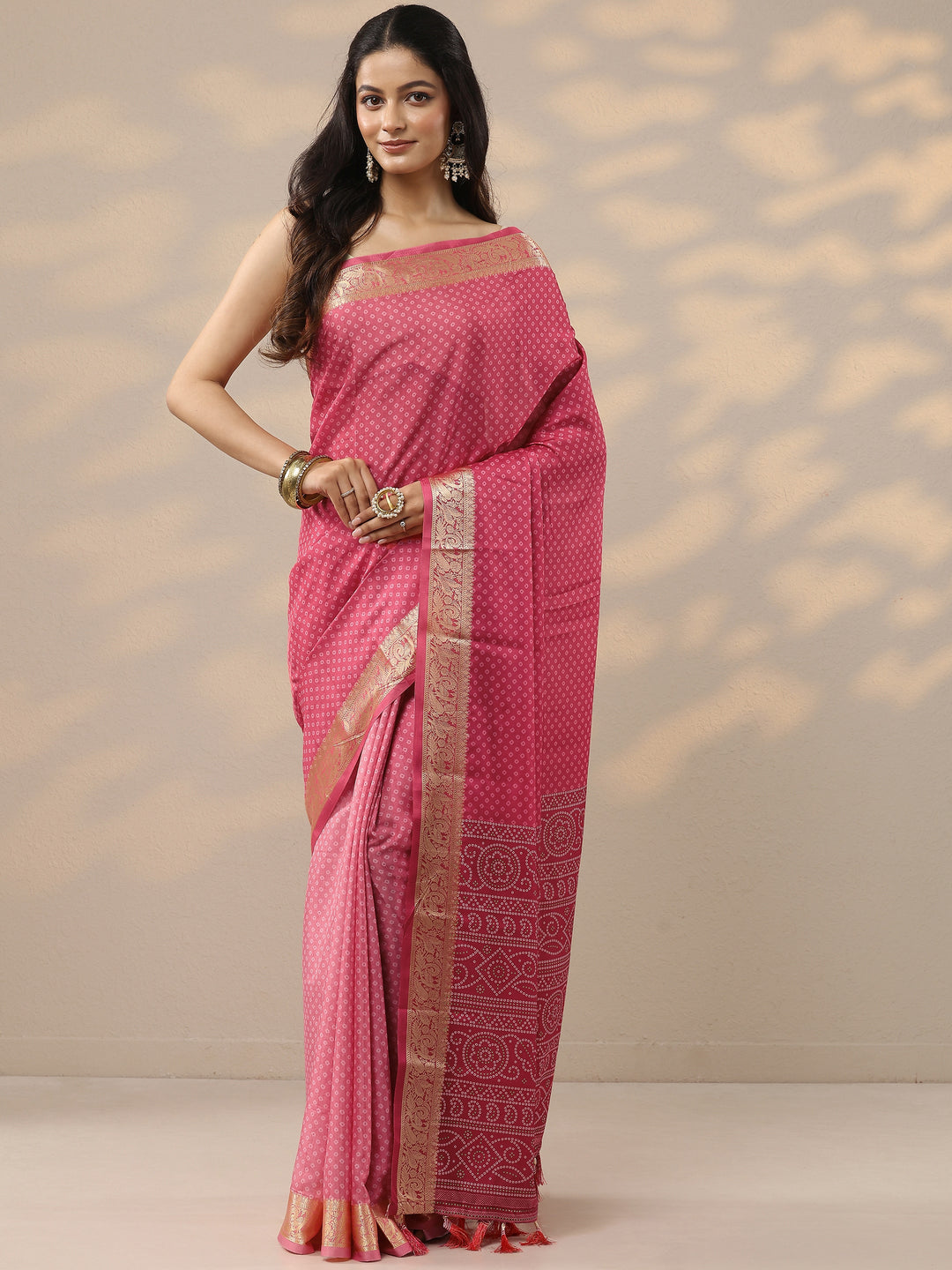  Pink Bandhani Printed Silk Blend Saree With Unstitched Blouse Piece 