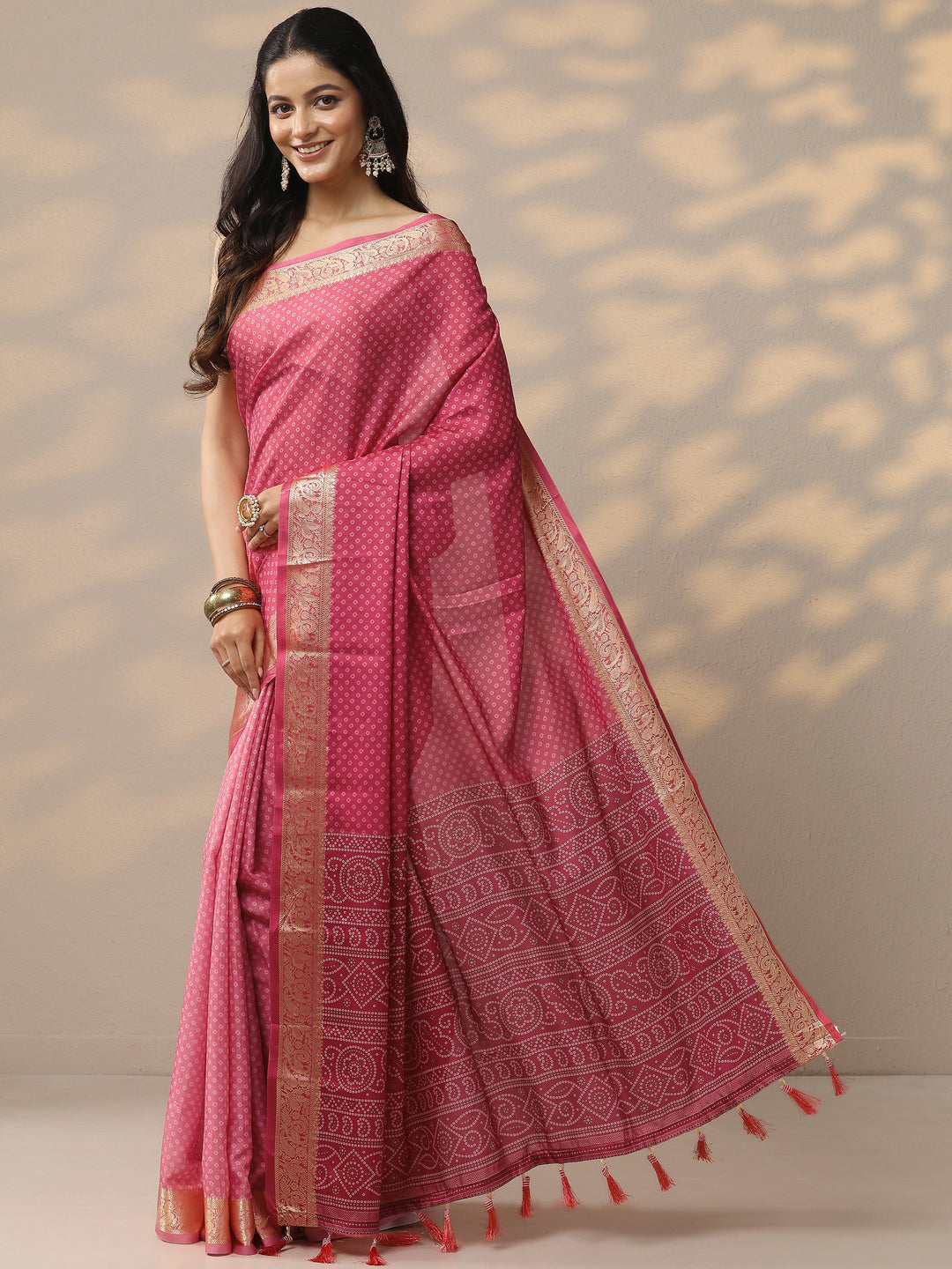  Pink Bandhani Printed Silk Blend Saree With Unstitched Blouse Piece 