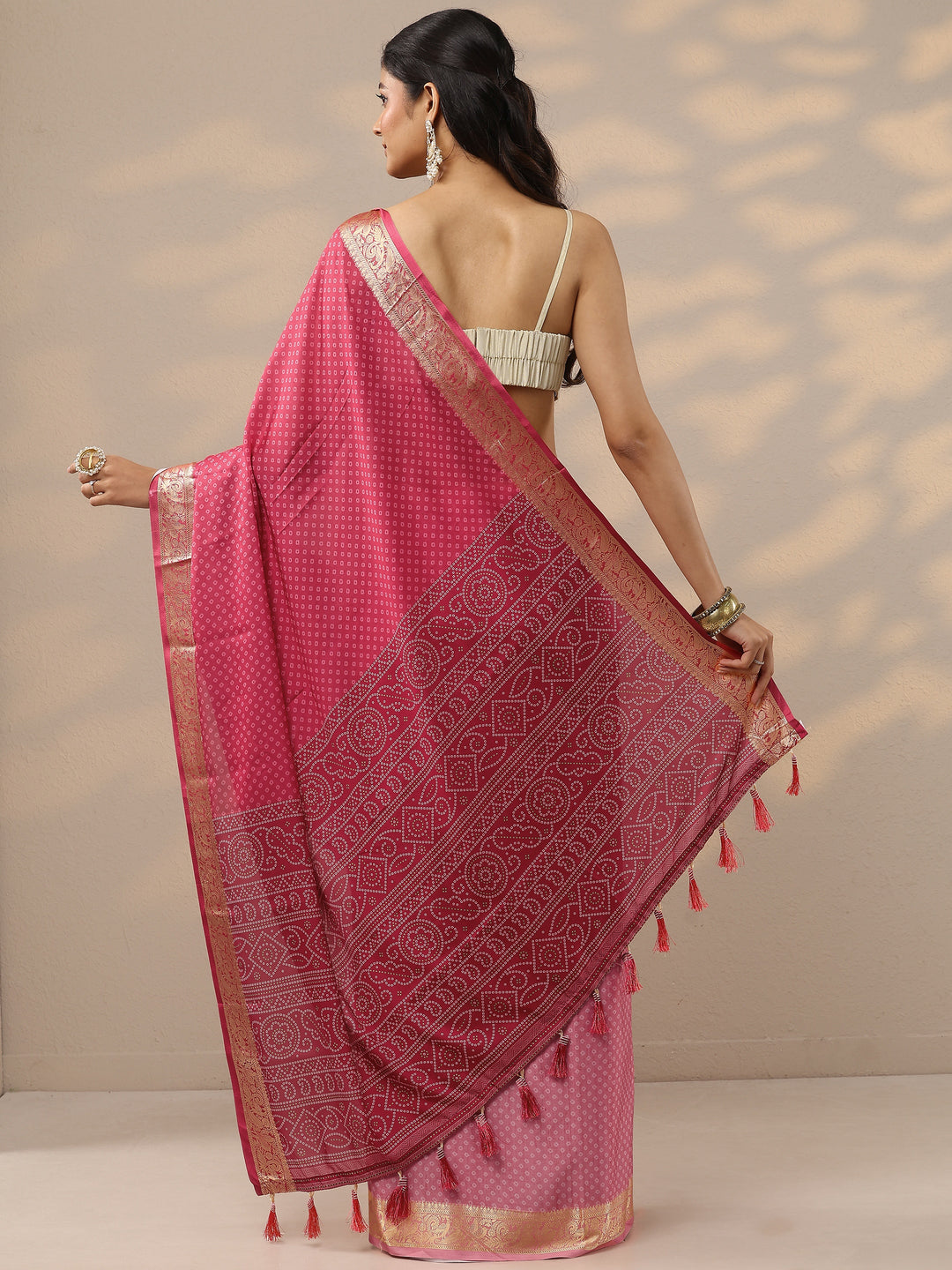  Pink Bandhani Printed Silk Blend Saree With Unstitched Blouse Piece 