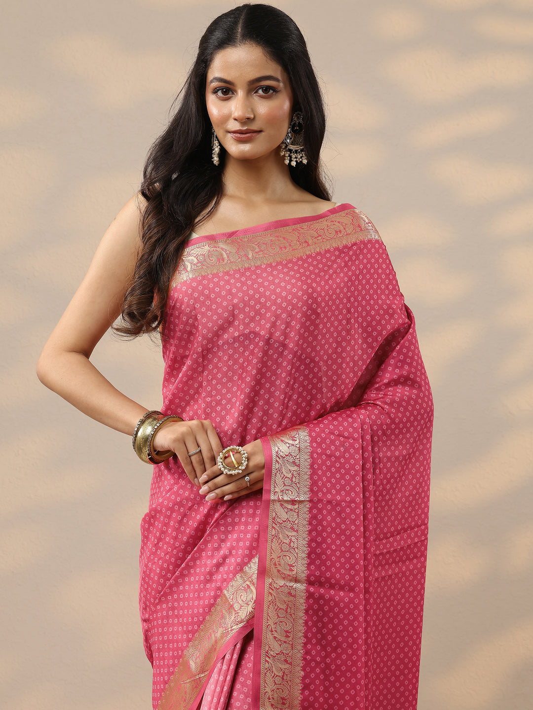  Pink Bandhani Printed Silk Blend Saree With Unstitched Blouse Piece 