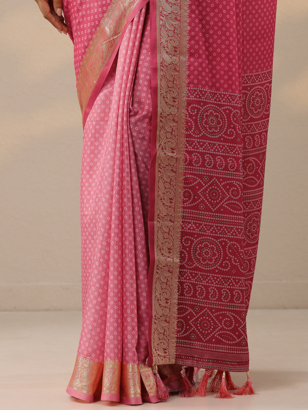  Pink Bandhani Printed Silk Blend Saree With Unstitched Blouse Piece 