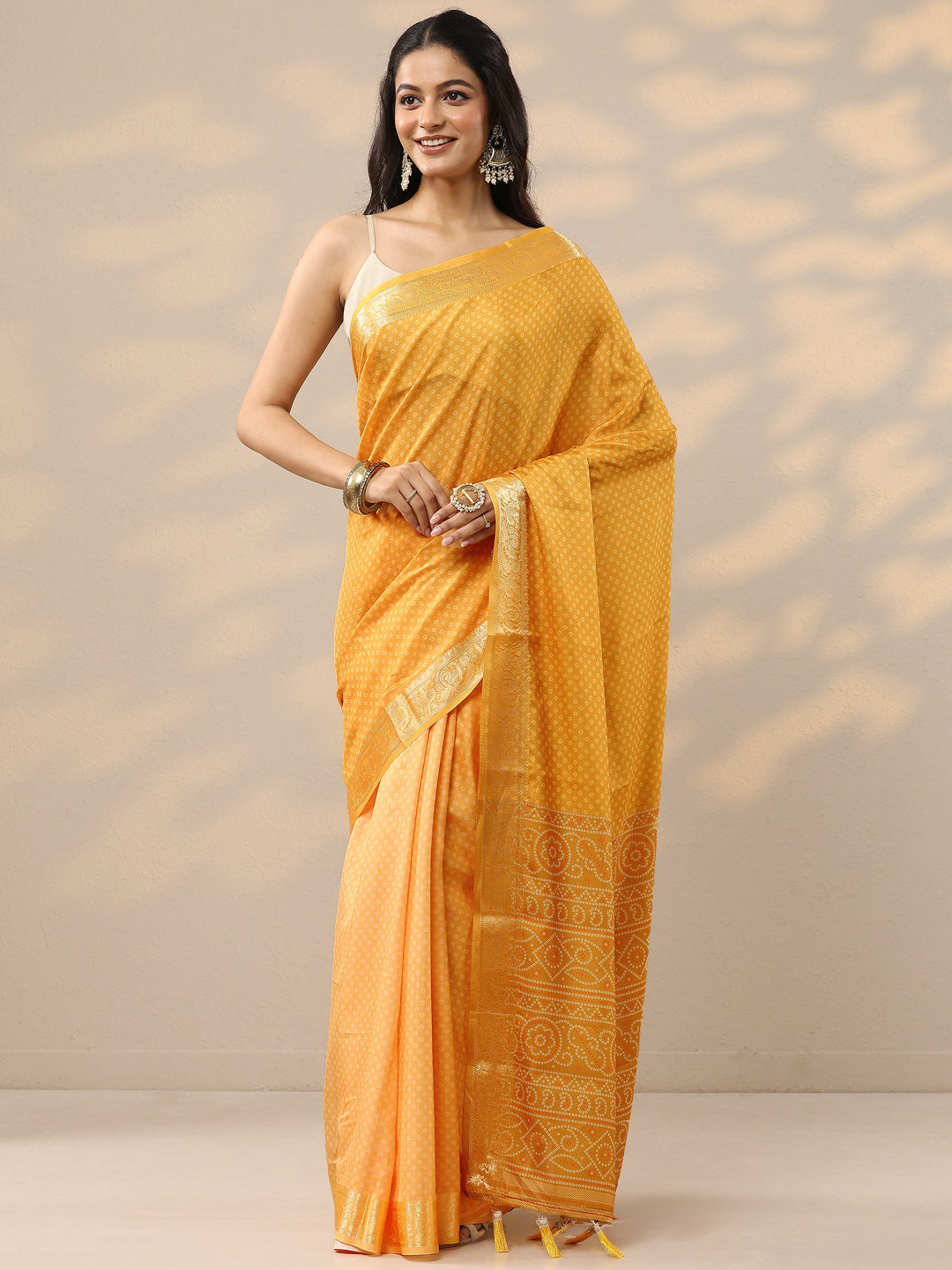  Yellow Bandhani Printed Silk Blend Saree With Unstitched Blouse Piece 
