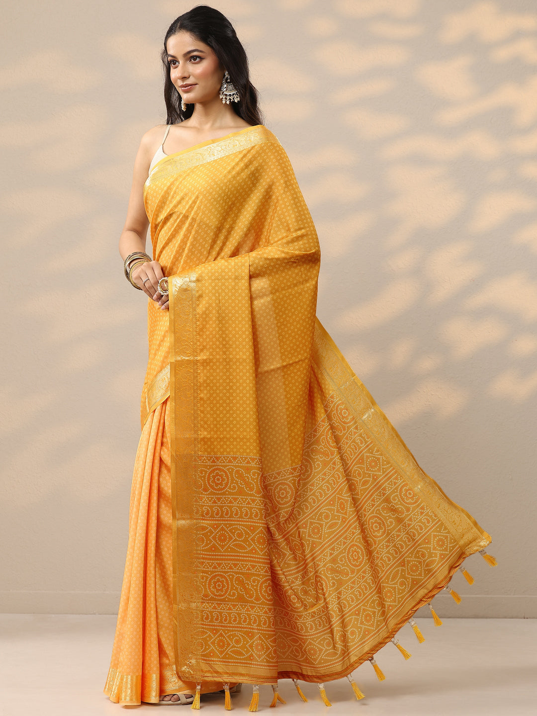  Yellow Bandhani Printed Silk Blend Saree With Unstitched Blouse Piece 