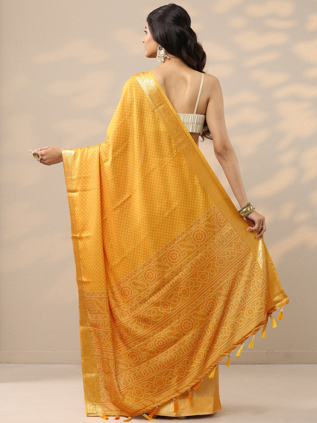  Yellow Bandhani Printed Silk Blend Saree With Unstitched Blouse Piece 